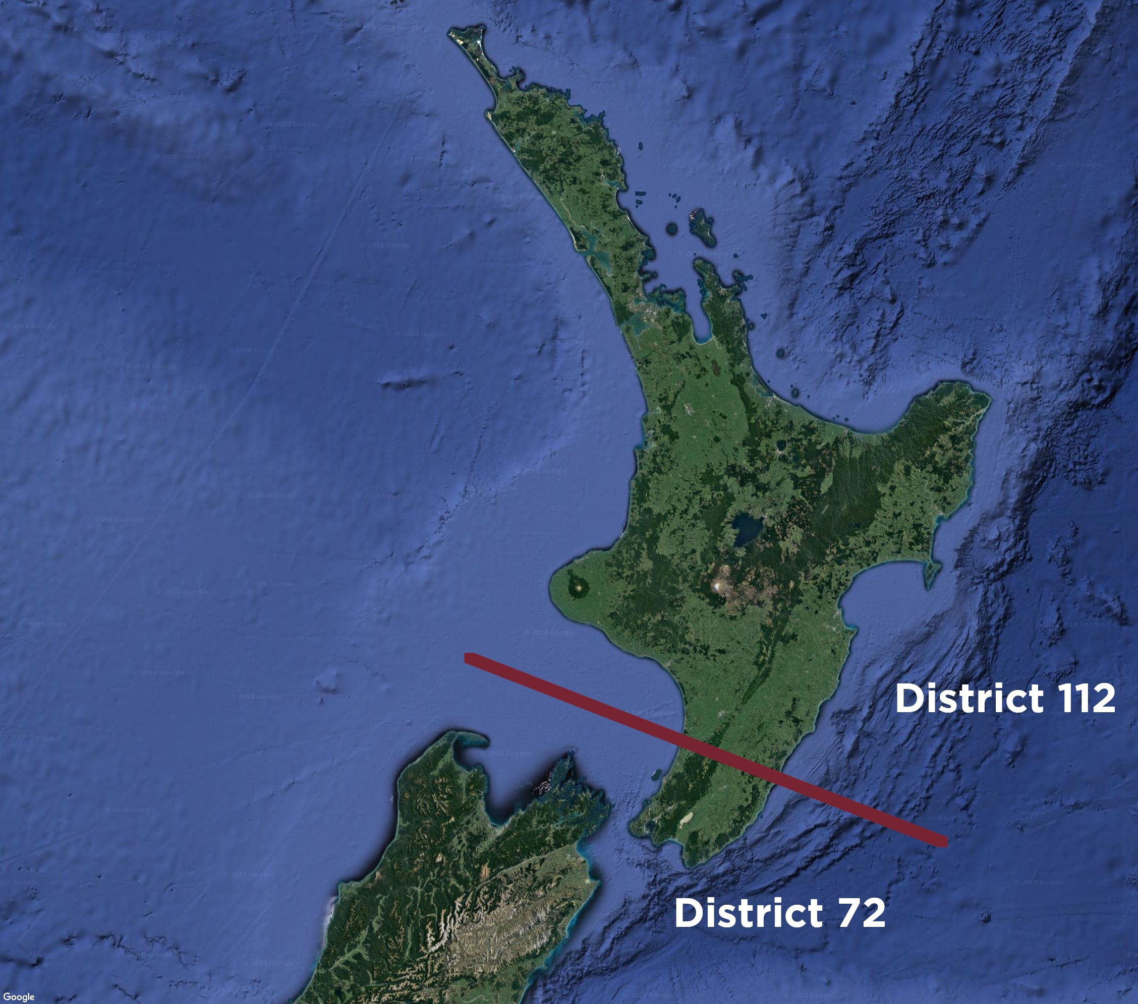 Map of NZ Showing split between two districts